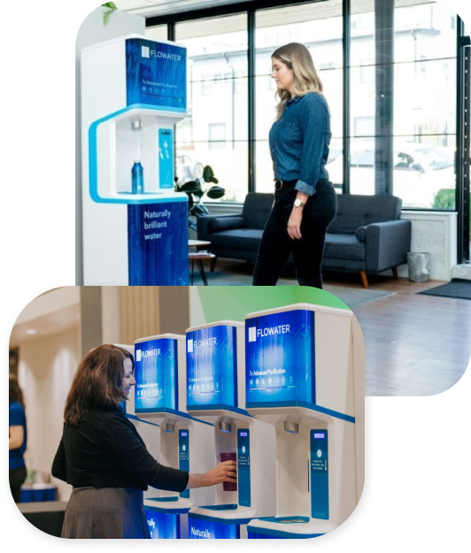 two images stacked of flowater refill stations, women using the refill stations