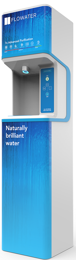 flowater refill station angled slightly left with a blue panel